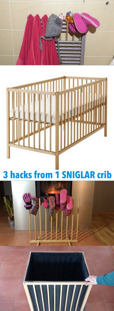 One IKEA SNIGLAR crib, 3 hacks