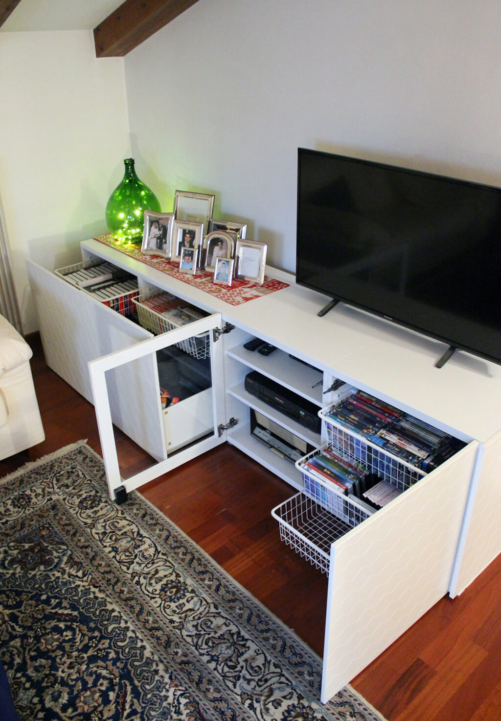 White TV stand with pretty hexagon patterns