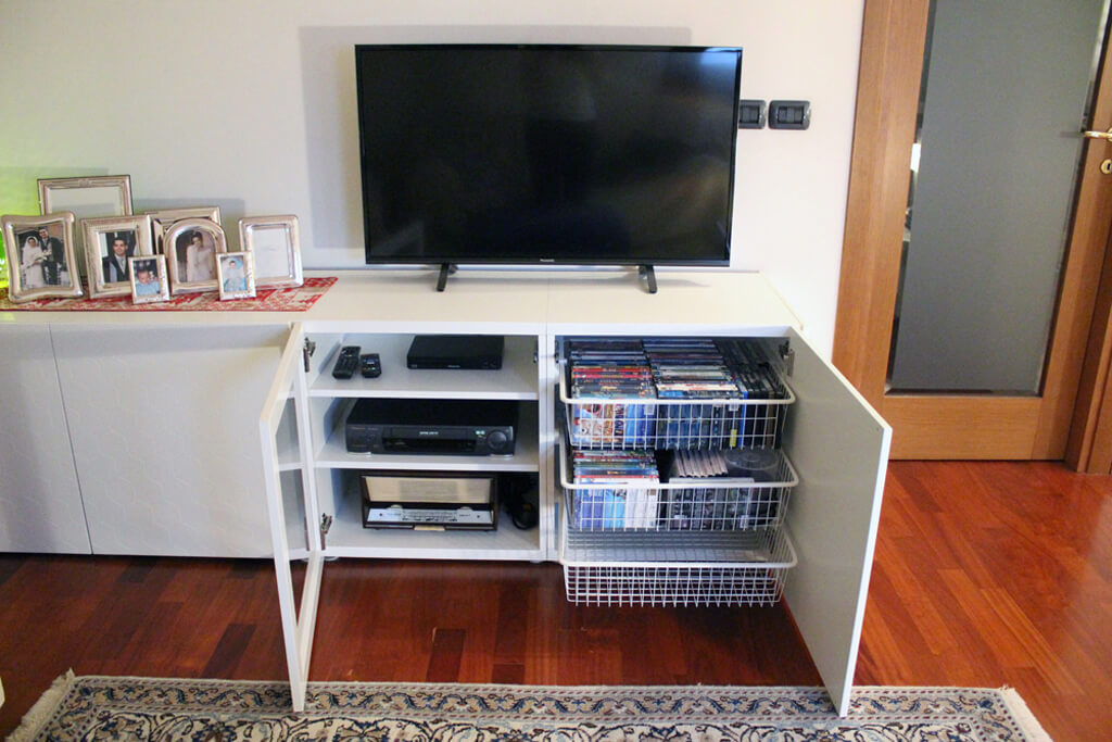 White TV stand with pretty hexagon patterns